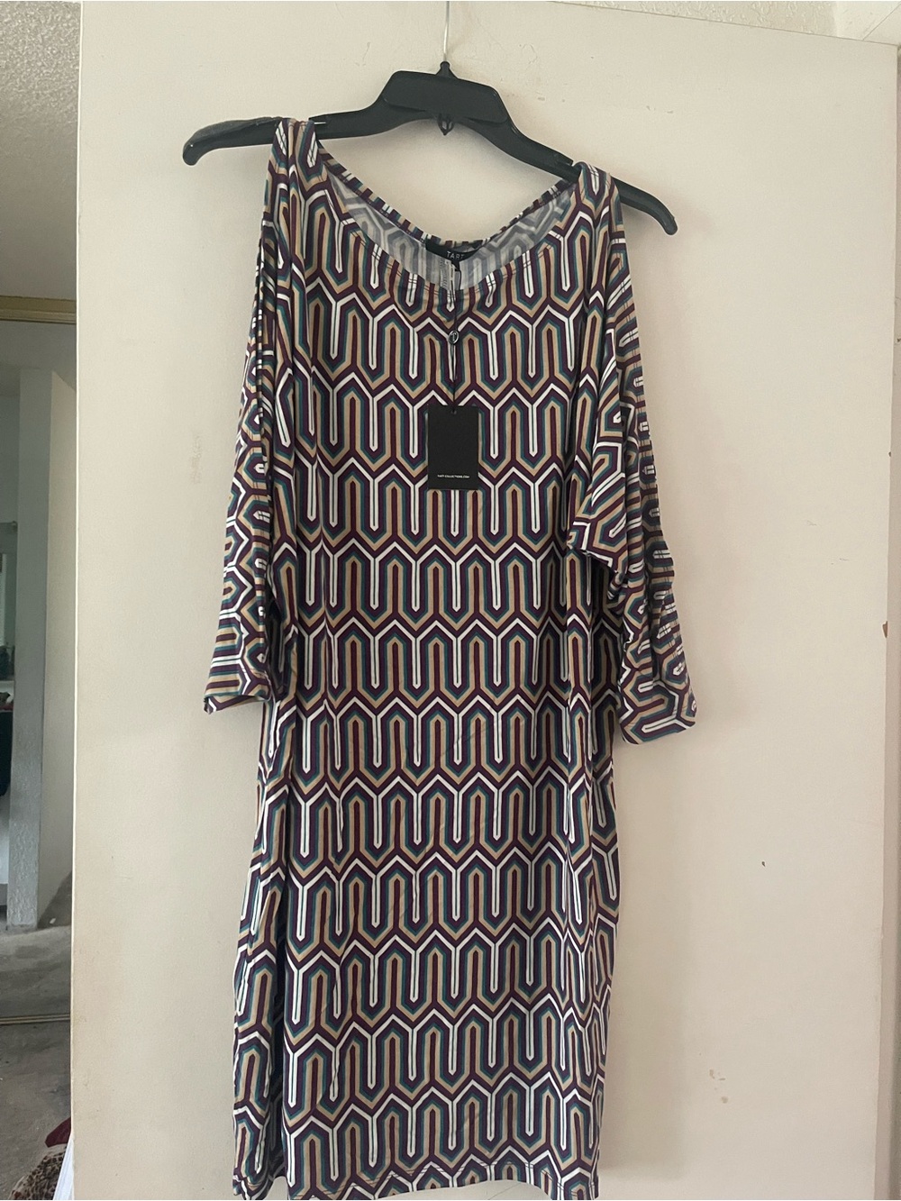 NWT Geometric Print Cold-Shoulder Dress in Navy and Cream